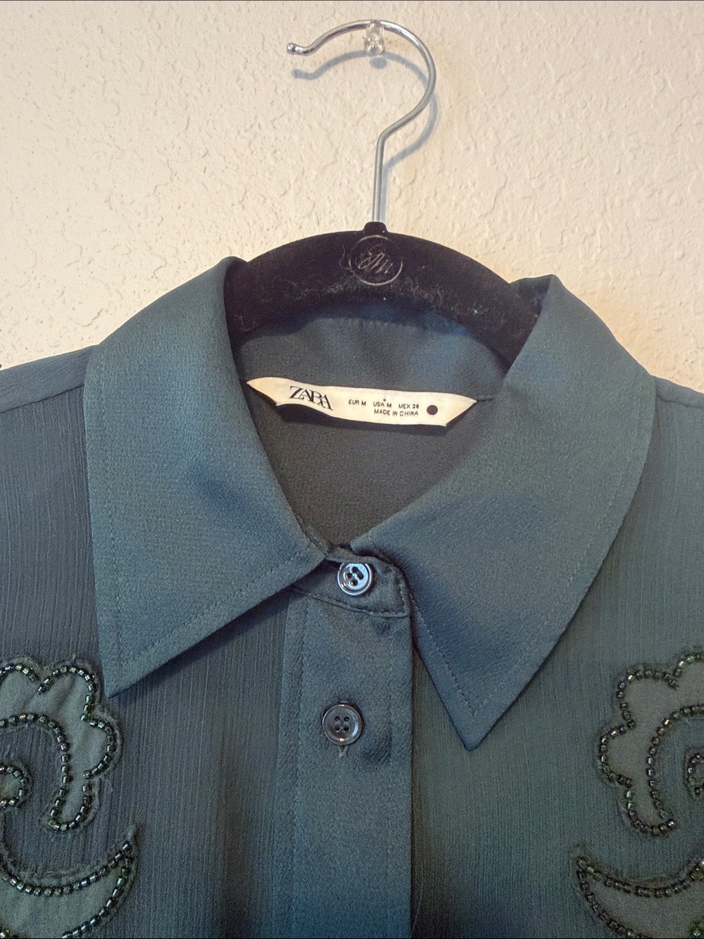 Zara Emerald Green Sheer Beaded Button-Down Shirt - Picture 3 of 5